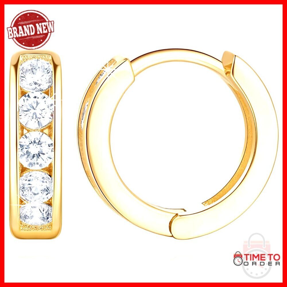 14K Gold Huggie Hoop Earrings with Cubic Zirconia 12mm 30mm